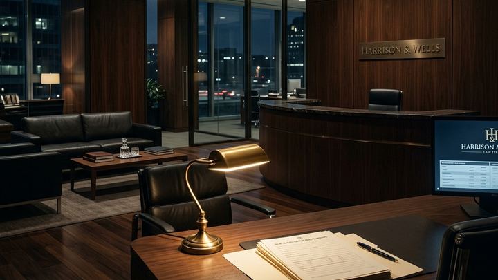 Cinematic dark editorial photograph of a law firm reception area at night