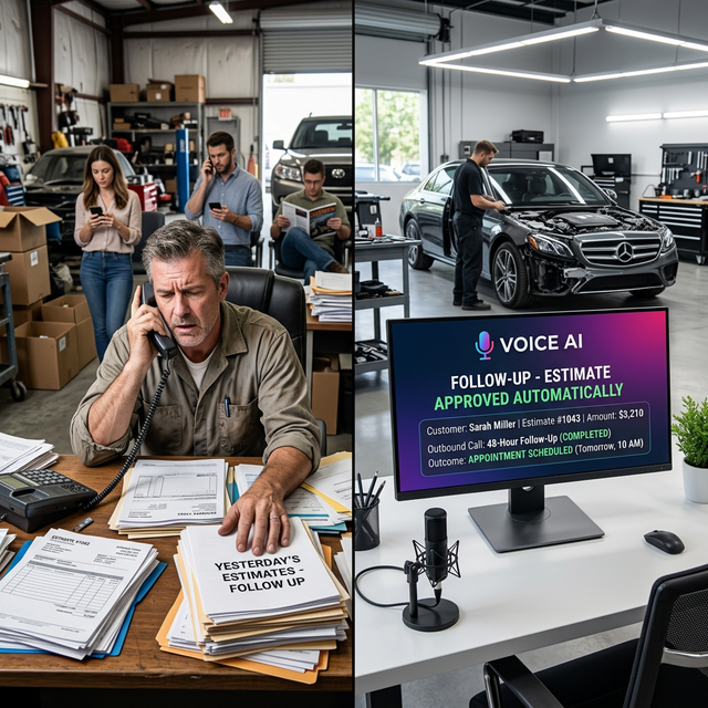 Split scene in an auto body collision repair shop: On the left, a frustrated shop owner buried in paperwork ignoring ringing phones. On the right, a Voice AI dashboard confirming a $3,210 estimate was approved automatically via an outbound follow-up call.