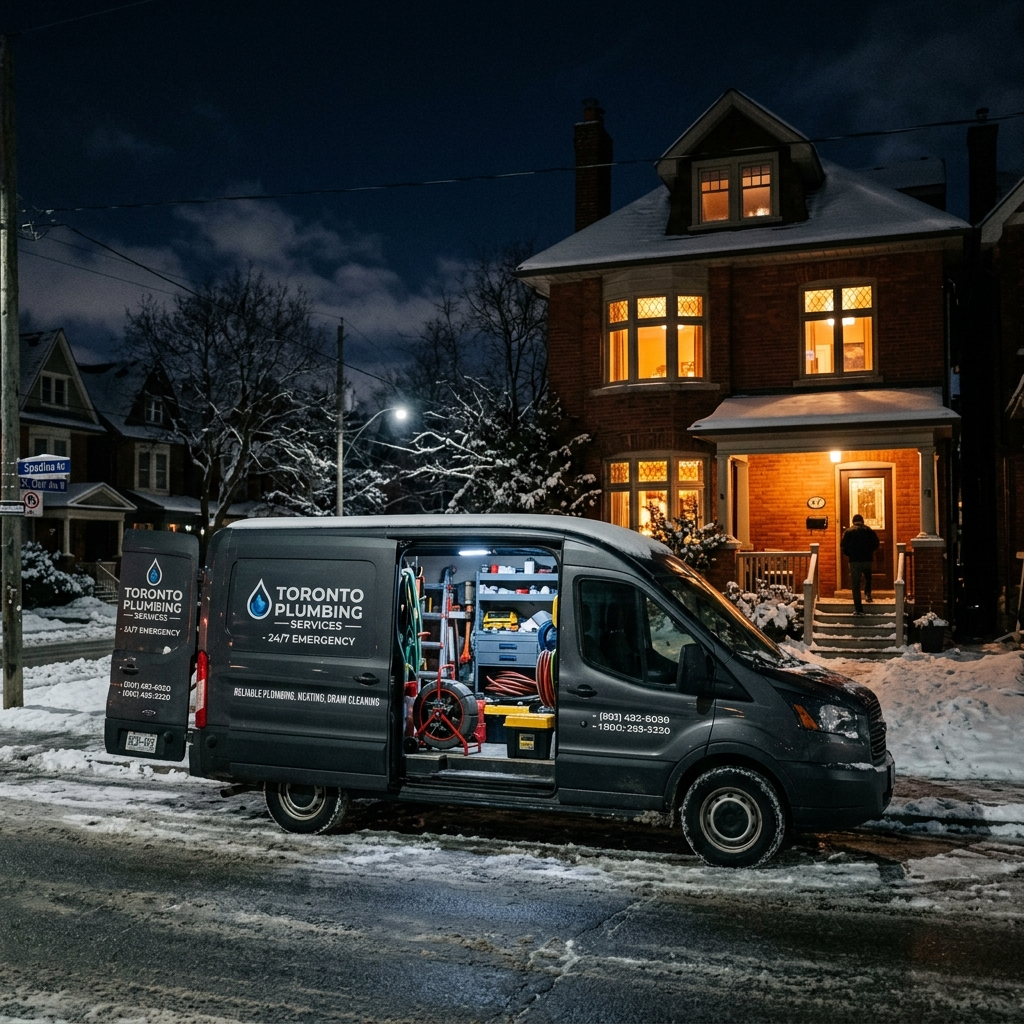 Cinematic winter night shot of a plumbing van on a snowy GTA street