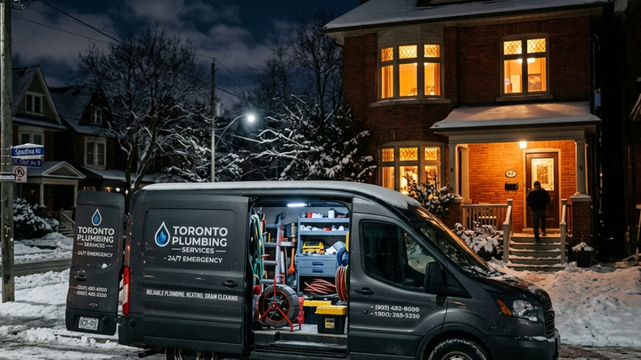 Cinematic winter night shot of a plumbing van on a snowy GTA street