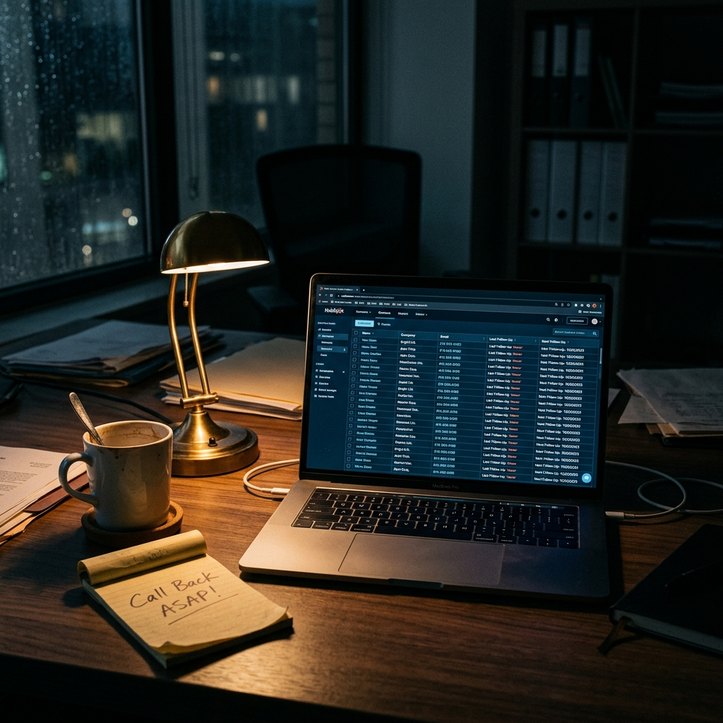 Cinematic moody editorial photograph: a dark office desk at night with a laptop showing a glowing CRM contact list with hundreds of rows of names and Last Follow-Up Never visible in columns, a cold forgotten cup of coffee, and a sticky note saying Call Back ASAP, with a warm amber desk lamp that does not reach the screen, conveying dormant potential and invisible revenue sitting untouched