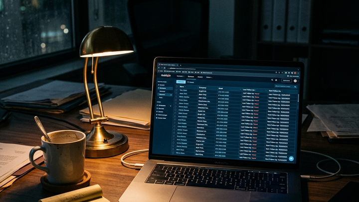 Cinematic moody editorial photograph: a dark office desk at night with a laptop showing a glowing CRM contact list with hundreds of rows of names and Last Follow-Up Never visible in columns, a cold forgotten cup of coffee, and a sticky note saying Call Back ASAP, with a warm amber desk lamp that does not reach the screen, conveying dormant potential and invisible revenue sitting untouched