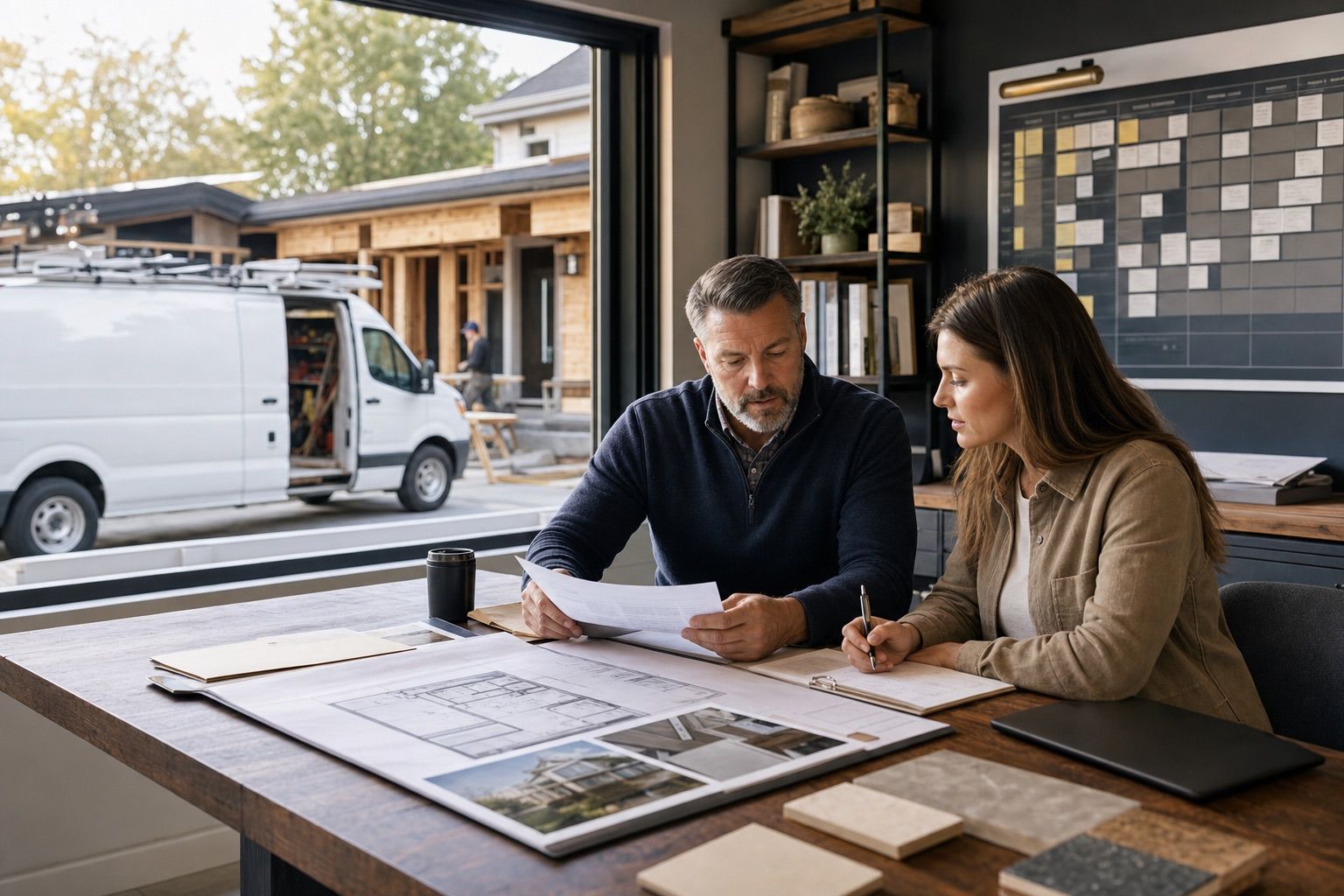 An established remodeling contractor and project coordinator review plans, site photos, and a project schedule beside an active residential renovation