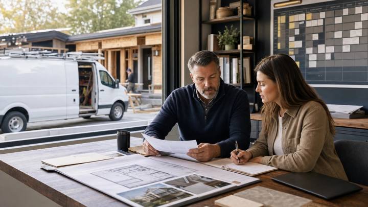 An established remodeling contractor and project coordinator review plans, site photos, and a project schedule beside an active residential renovation