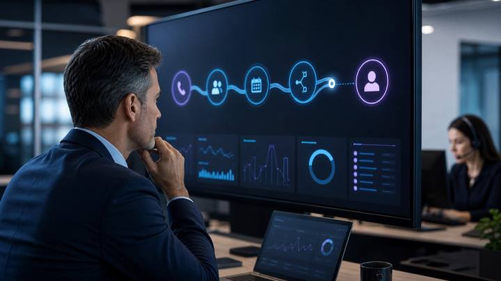 Operations leader reviews a bounded call workflow that ends in a clearly defined human handoff.