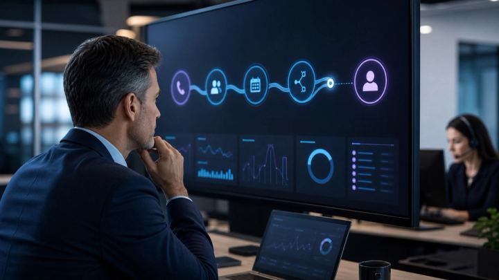 Operations leader reviews a bounded call workflow that ends in a clearly defined human handoff.