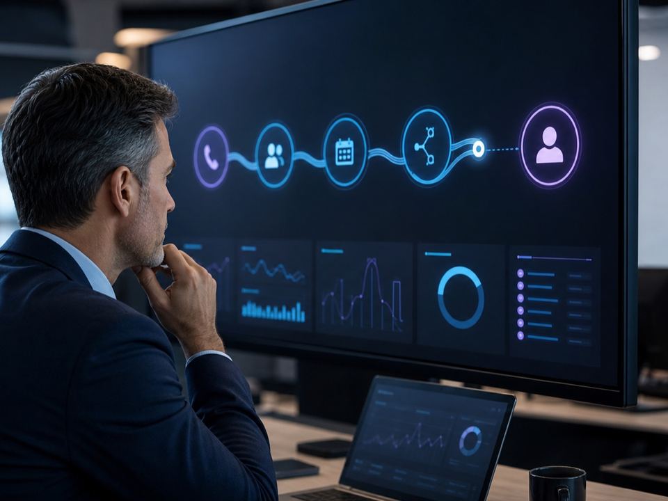 Operations leader reviews a bounded call workflow that ends in a clearly defined human handoff.