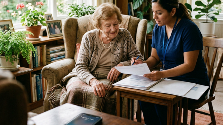An elderly woman in an armchair with a caring home health aide reviewing paperwork beside her while a smartphone on a nearby table shows a missed call notification