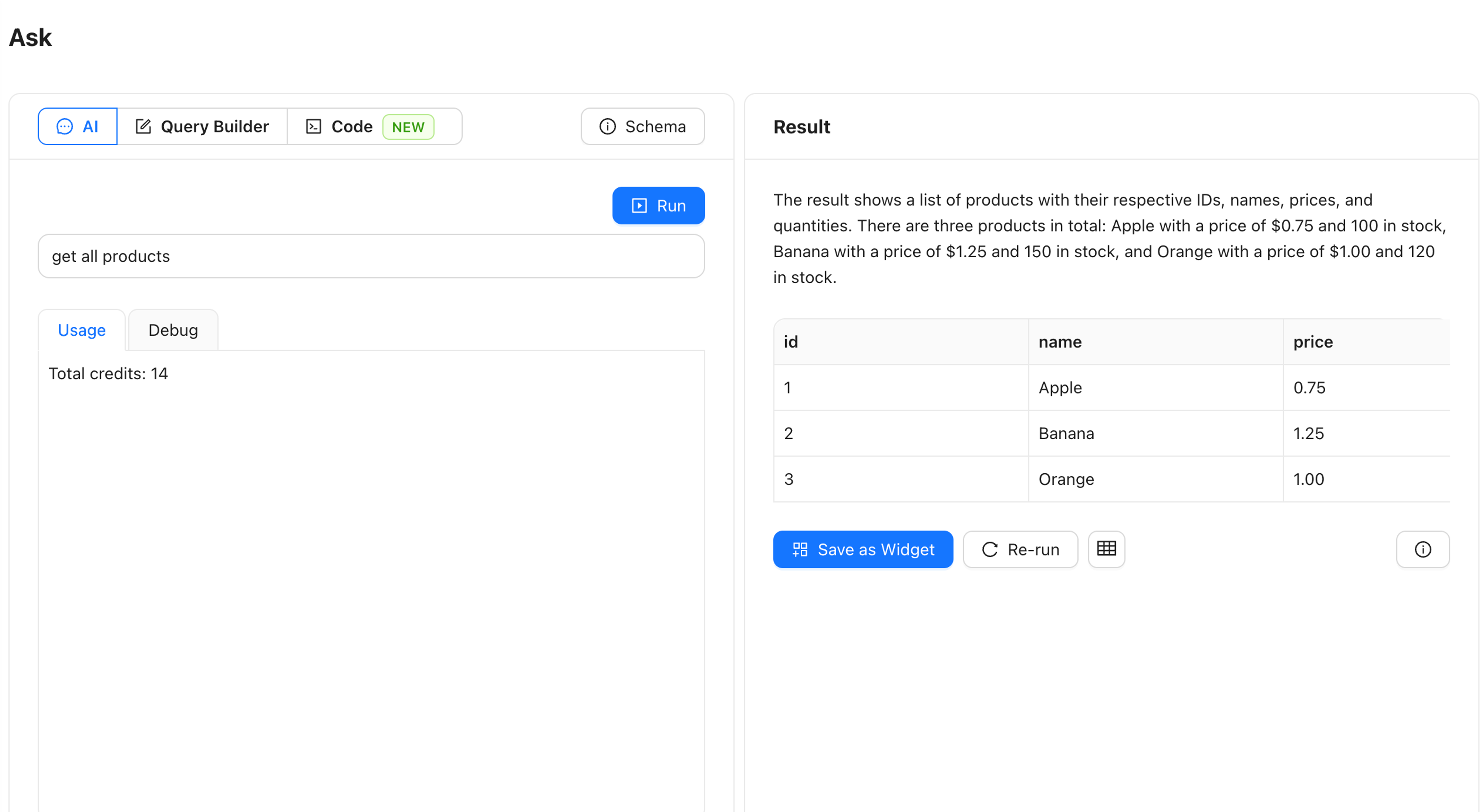 Ask question, generate SQL, and get results in table