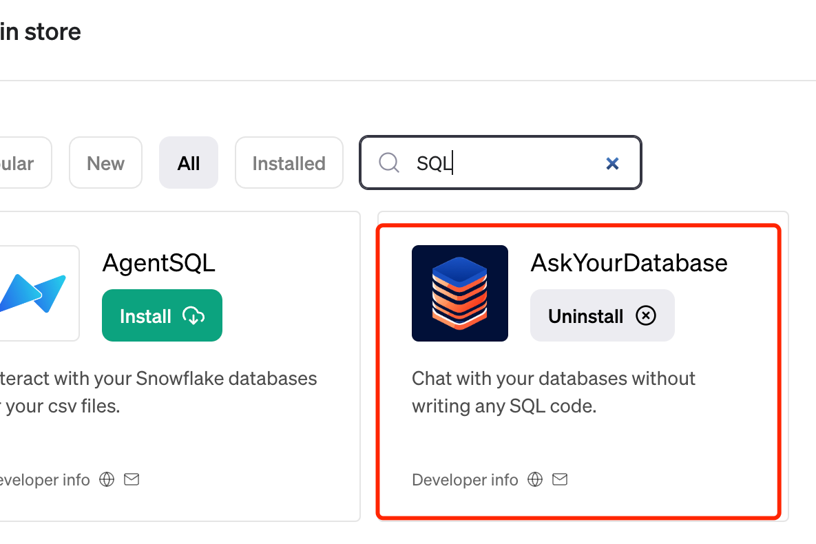 Install AskYourDatabase ChatGPT plugin