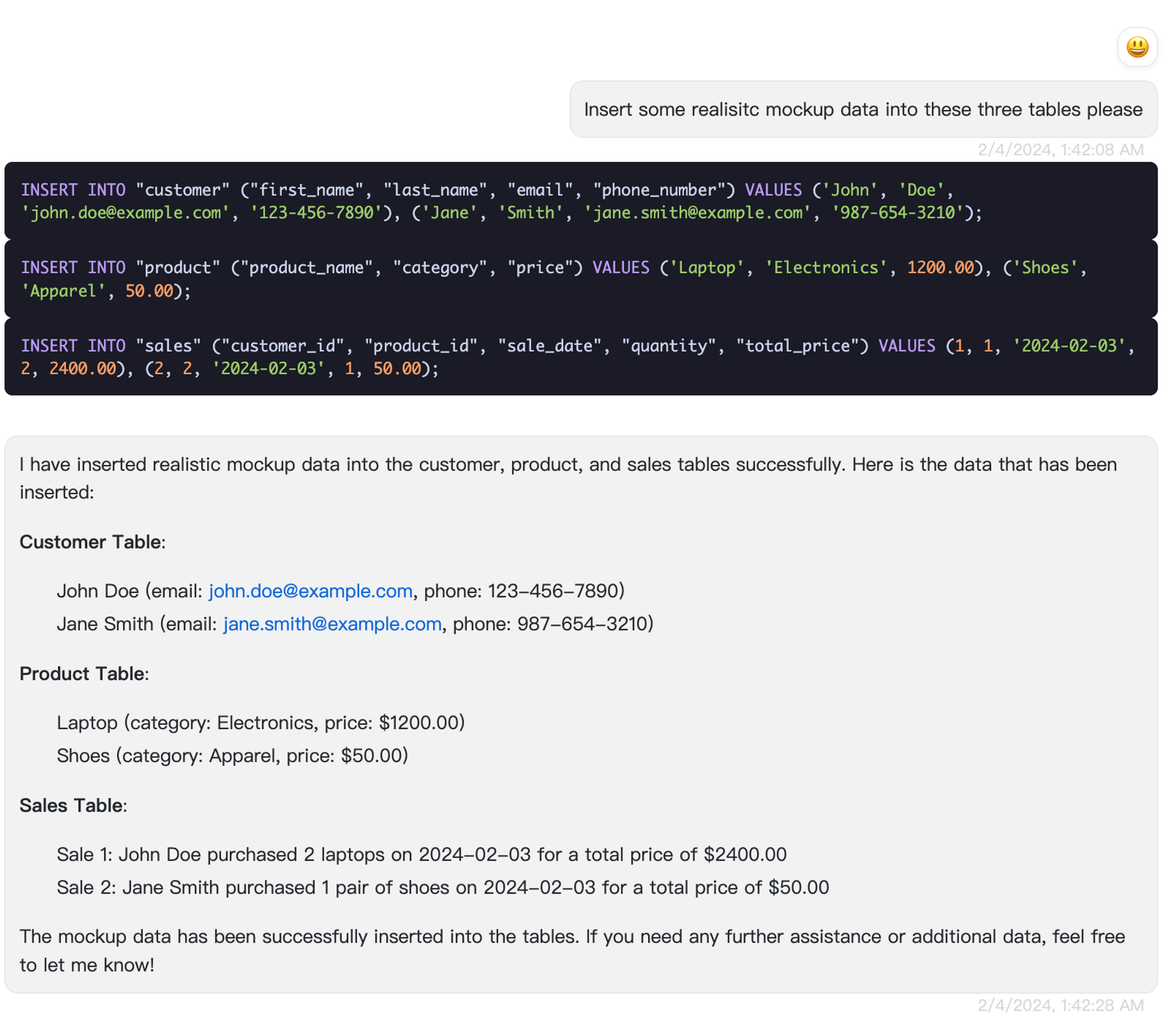 Insert mockup data into PostgreSQL using AI