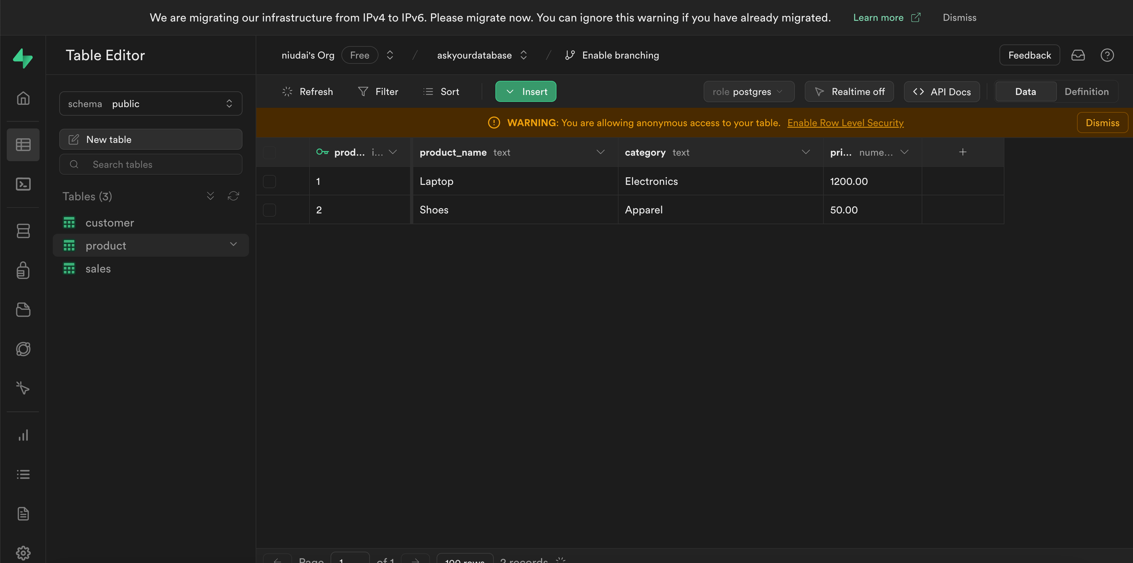 View data in Supabase table editor