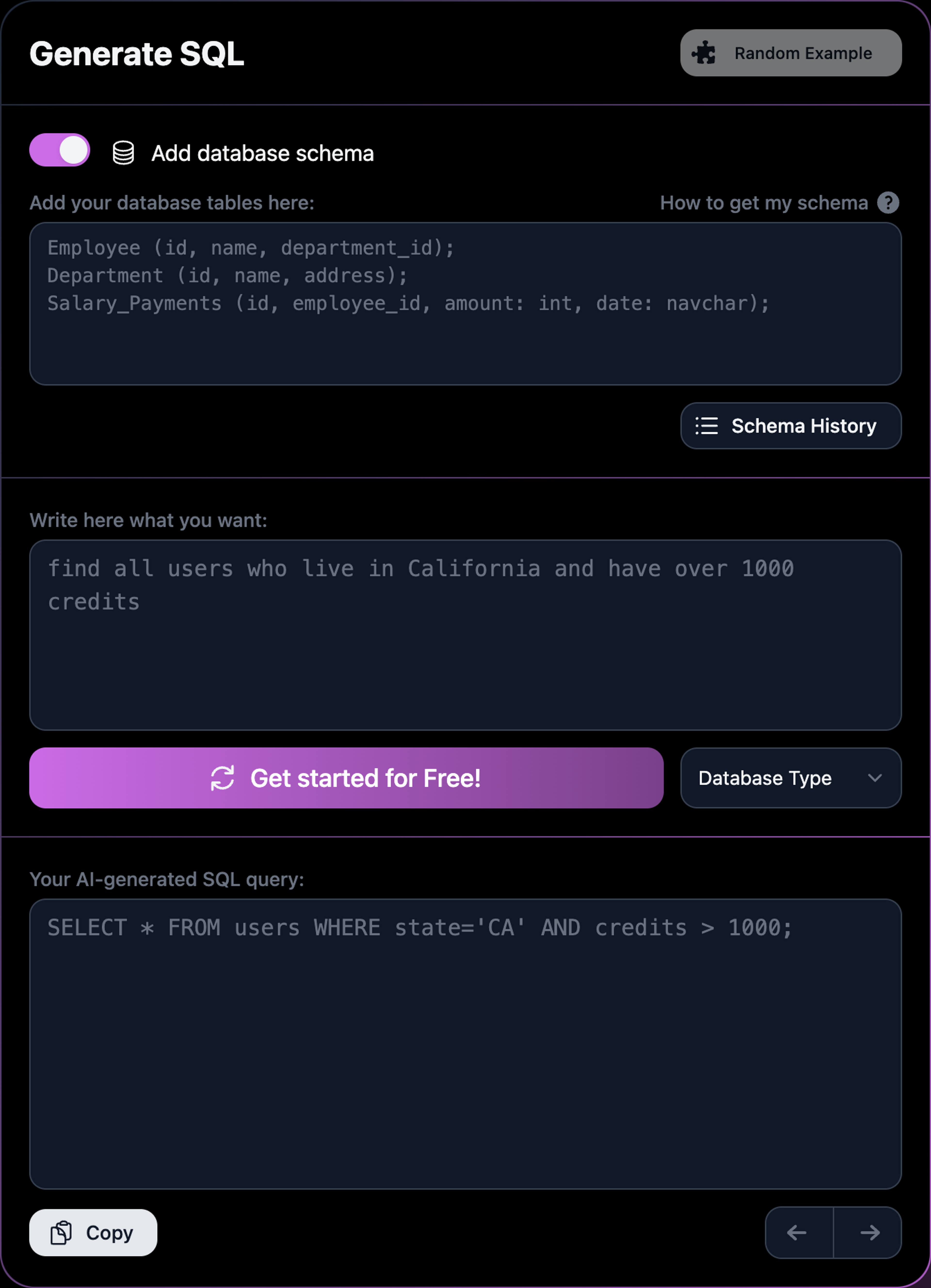 TEXT2SQL.ai interface - manually input your question and schema, get the SQL