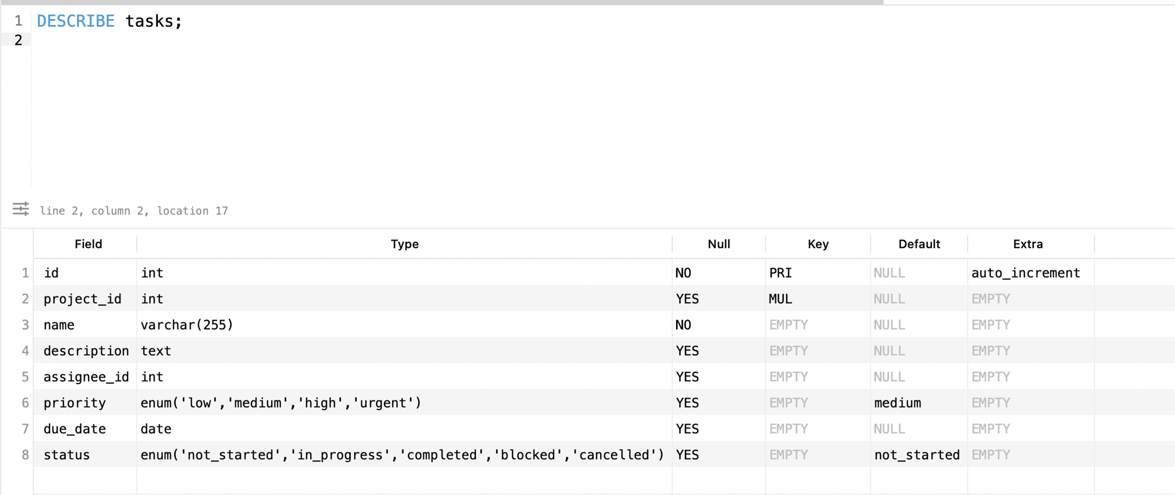 Get table schema by running DESCRIBE query