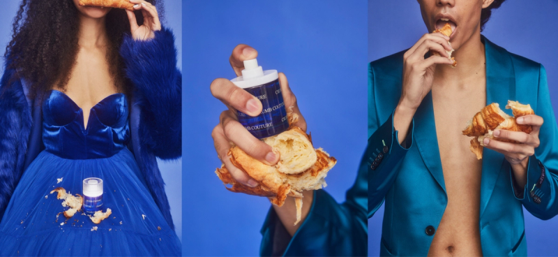 A triptych on a blue background showing people eating croissants and interacting with blue beauty products.