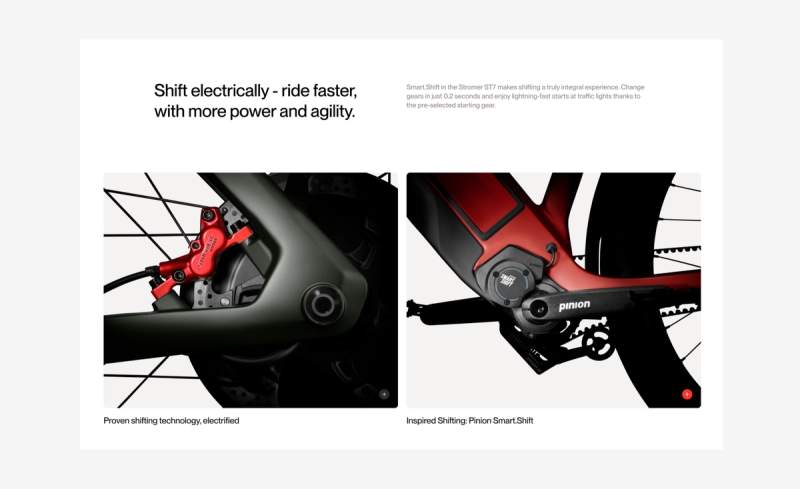 A webpage showcasing a bike's electrical shifting system, featuring close-ups of a rear wheel with a red brake and a red frame with an integrated Pinion SmartShift gearbox.