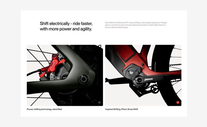 A webpage showcasing a bike's electrical shifting system, featuring close-ups of a rear wheel with a red brake and a red frame with an integrated Pinion SmartShift gearbox.