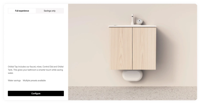 Modern wall-mounted light wood vanity with a white faucet and an oval tank, displayed on a product configuration page.