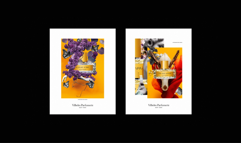 Two vibrant perfume advertisement posters for Vilhelm Parfumerie, featuring bottles surrounded by natural and abstract elements on yellow backgrounds.