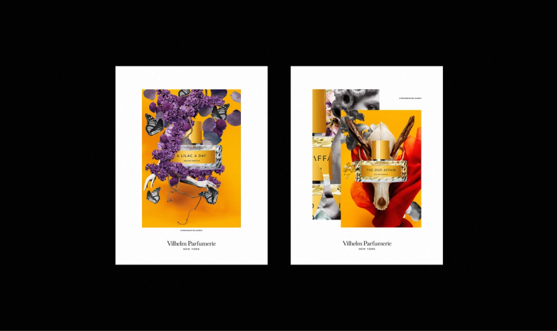 Two vibrant perfume advertisement posters for Vilhelm Parfumerie, featuring bottles surrounded by natural and abstract elements on yellow backgrounds.