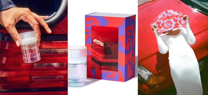 A clear product jar, a red and purple box, and a matching scarf, depicted in scenes with red cars.