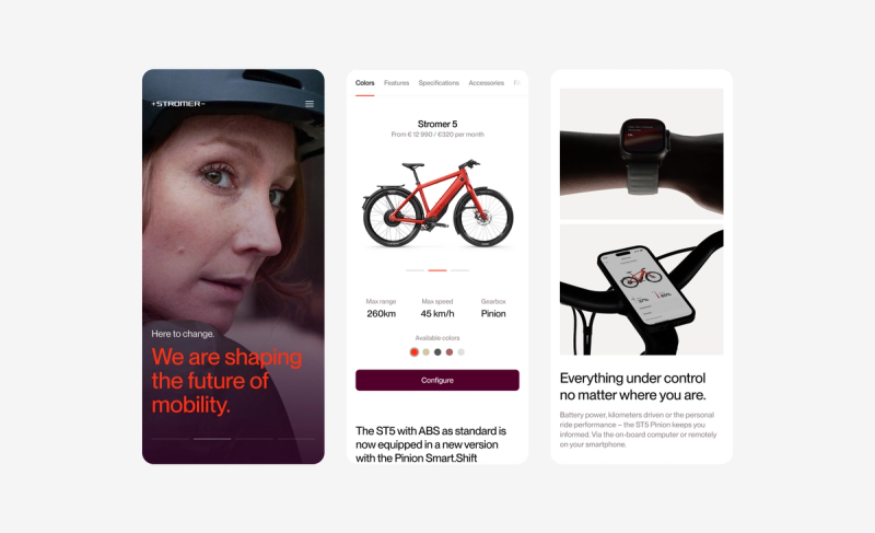 Three mobile screens showcasing Stromer e-bikes, a rider, and smart connectivity.