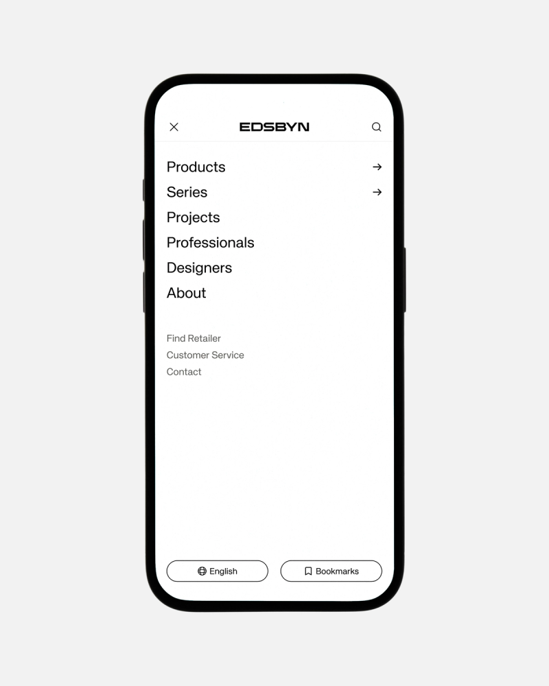 Smartphone displaying the EDSBYN website's mobile menu with navigation options.