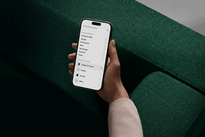 A hand holds a smartphone displaying product categories against a dark green textured sofa.