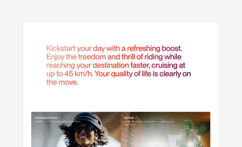 Promotional text about fast, thrilling Stromer bike rides up to 45 km/h for an improved quality of life.