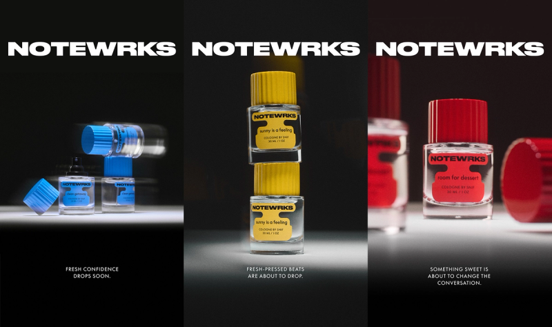 Three panels displaying NOTEWRKS fragrances: blue "cold press" bottles, stacked yellow "sunny is a feeling" bottles, and red "room for dessert" bottles.