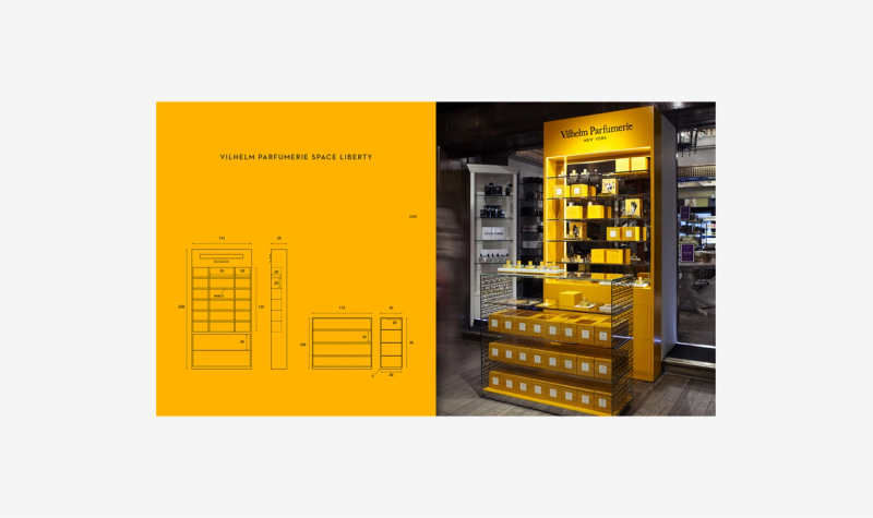A split image showing a blueprint for Vilhelm Parfumerie retail display units on the left, and the actual yellow display with perfume boxes in a store on the right.