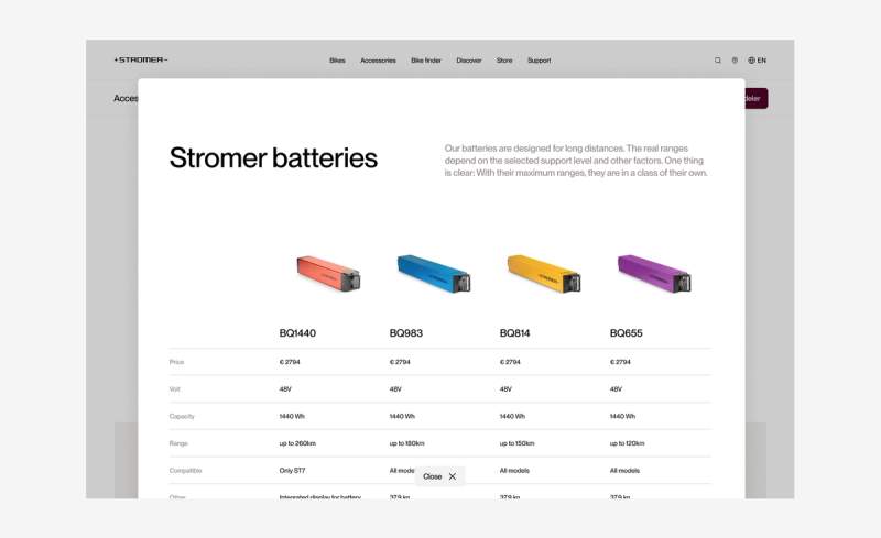 Website pop-up for Stromer batteries, displaying four colored battery packs and their specifications table.