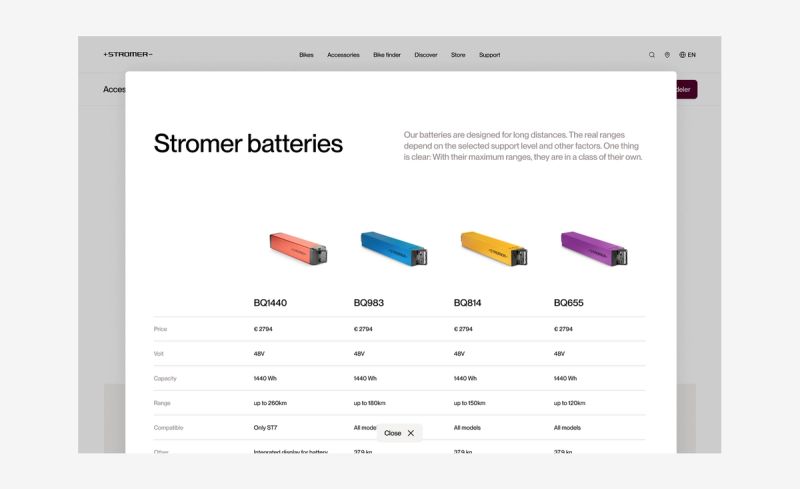Website pop-up for Stromer batteries, displaying four colored battery packs and their specifications table.