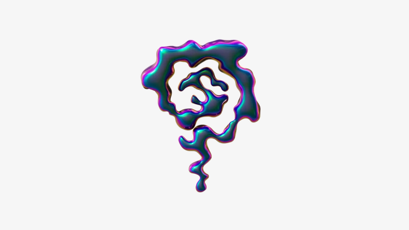 Abstract iridescent liquid blob with swirling drips on a white background.