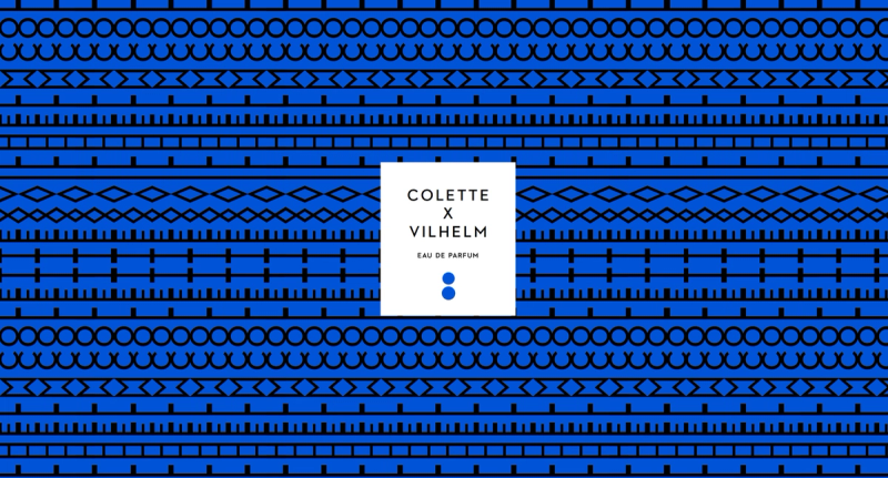 Blue background with horizontal black geometric patterns, featuring a white label for 'COLETTE X VILHELM EAU DE PARFUM' with two blue dots.