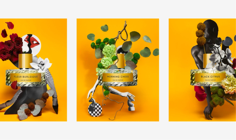 Three perfume bottles with elaborate, thematic floral and object arrangements, labeled "Fleur Burlesque," "Morning Chess," and "Black Citrus," set against a vibrant yellow background.