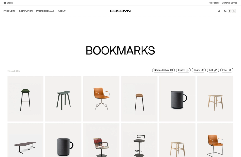 Webpage titled "BOOKMARKS" displaying a grid of various furniture items and a dark gray mug.