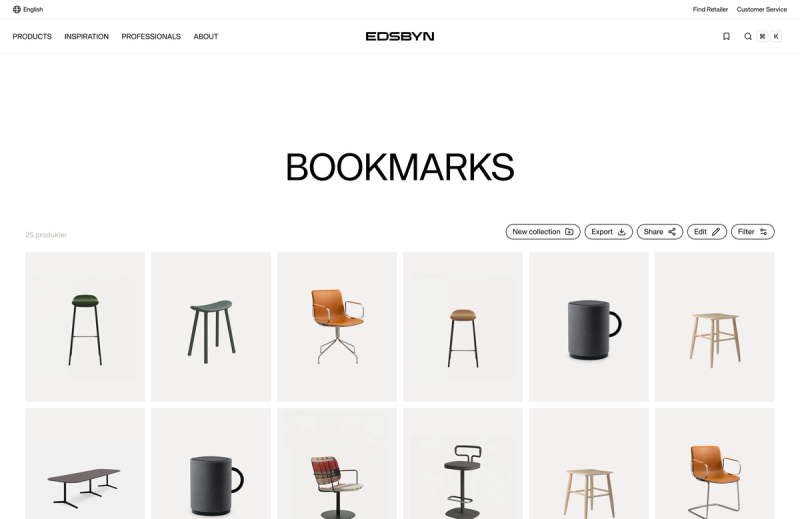 Webpage titled "BOOKMARKS" displaying a grid of various furniture items and a dark gray mug.