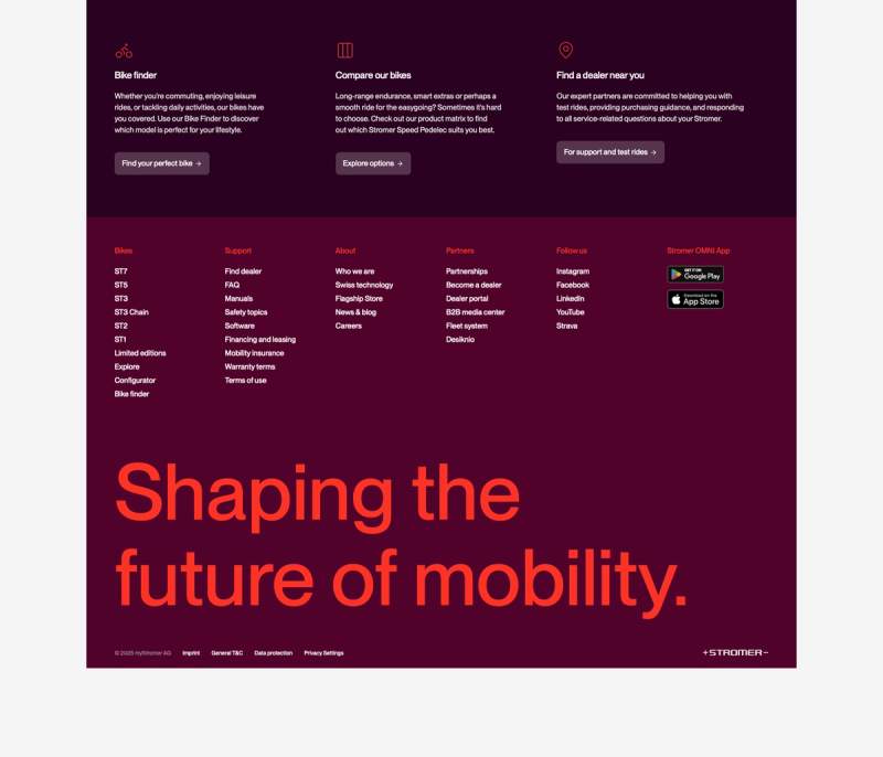 A dark red webpage section featuring navigation links and the large text "Shaping the future of mobility."
