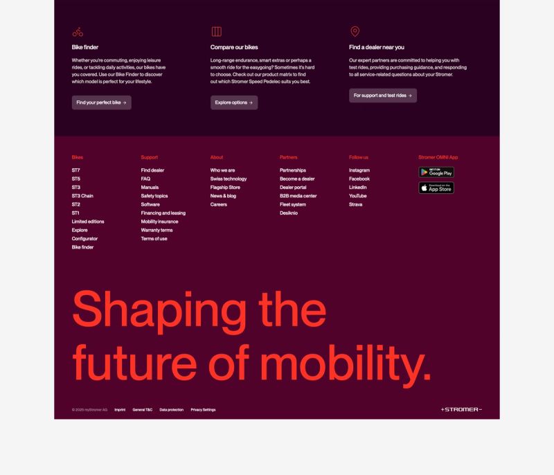 A dark red webpage section featuring navigation links and the large text "Shaping the future of mobility."