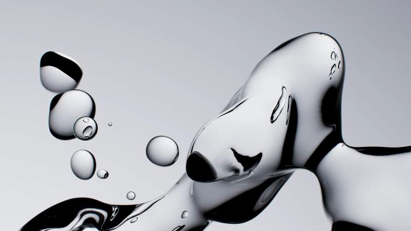 Clear water droplets and an abstract fluid form against a light background.
