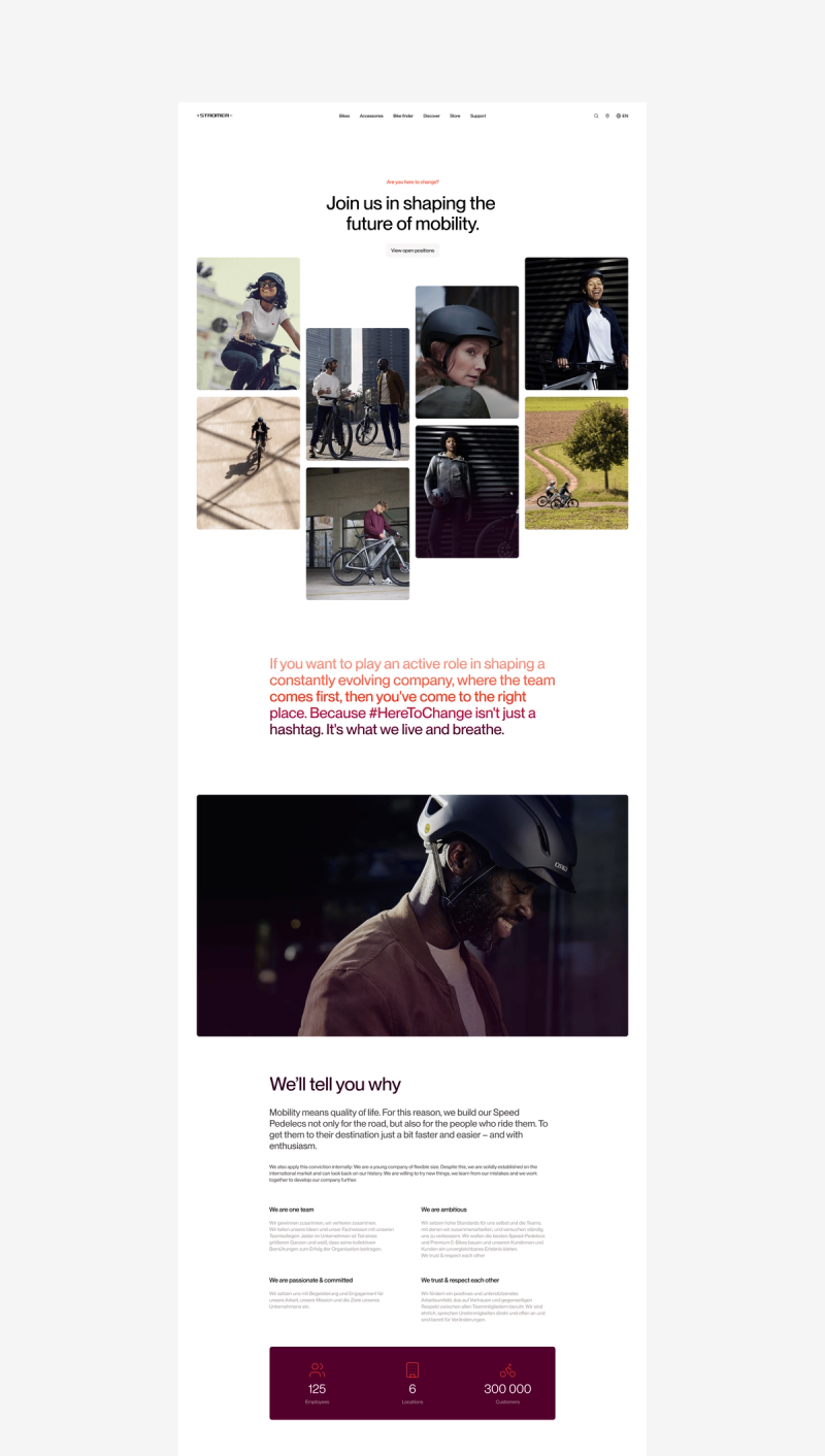 A careers page for a mobility company, featuring diverse people cycling and text: "Join us in shaping the future of mobility."