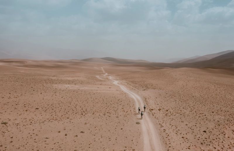 a group of people are walking down a dirt road in the desert .