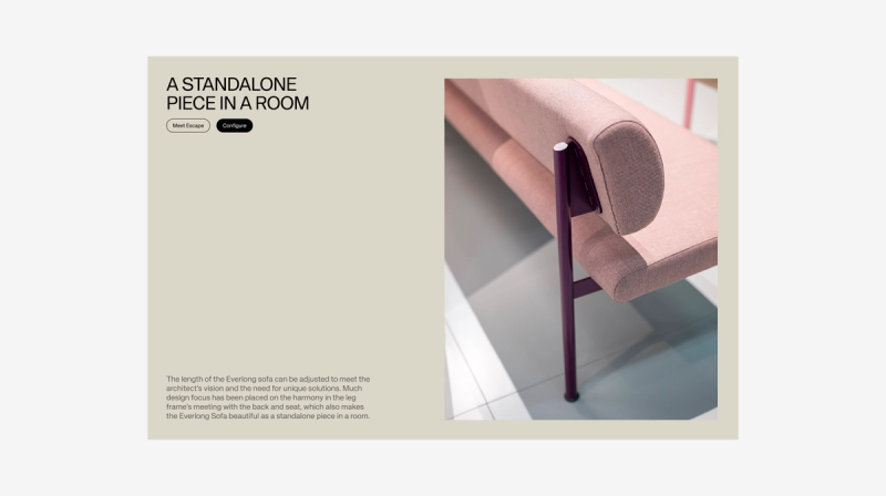 Webpage featuring a pink sofa with a purple metal leg, next to text "A STANDALONE PIECE IN A ROOM".