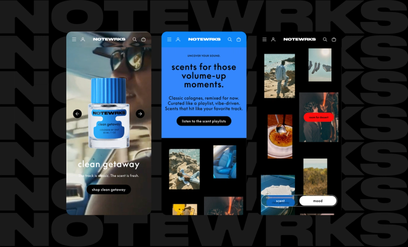 Three smartphone screens display the NOTEWRKS app, featuring a fragrance product page, a description of curated scents, and a visual mood board.