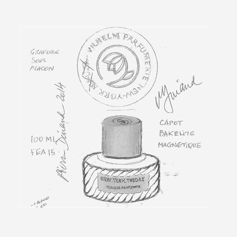 A pencil sketch of a perfume bottle for 'NEW YORK THEORY' by Vilhelm Parfumerie, surrounded by design notes and the brand's circular logo.