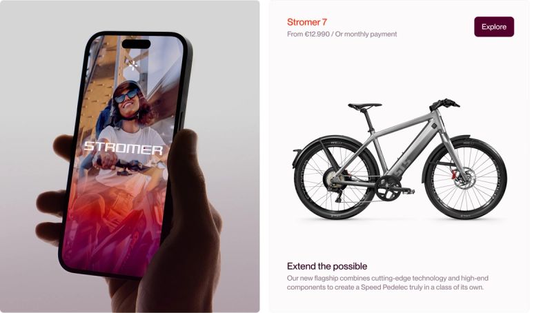 A smartphone displaying a Stromer ad next to an advertisement for a grey Stromer 7 e-bike.