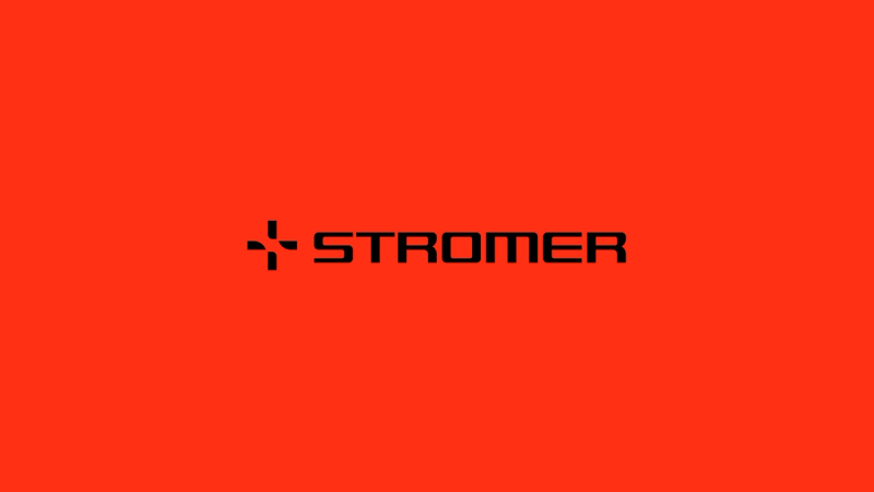 Black Stromer logo on a red background.