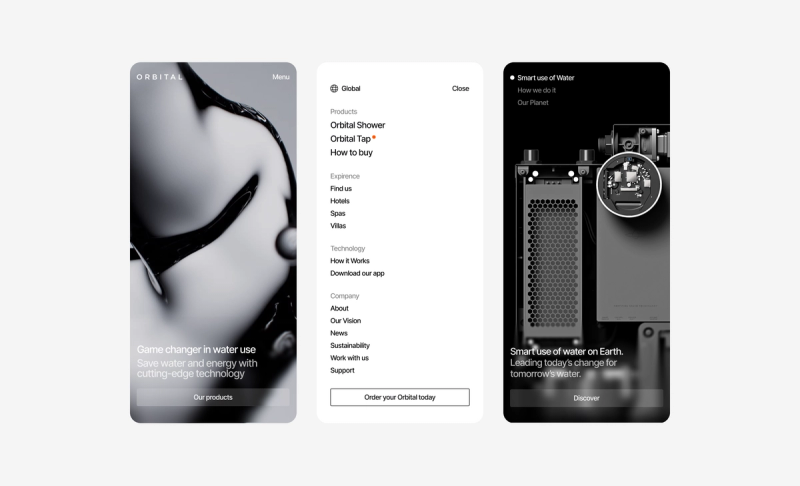 Three smartphone displays of the Orbital website, promoting water-saving showers and taps.