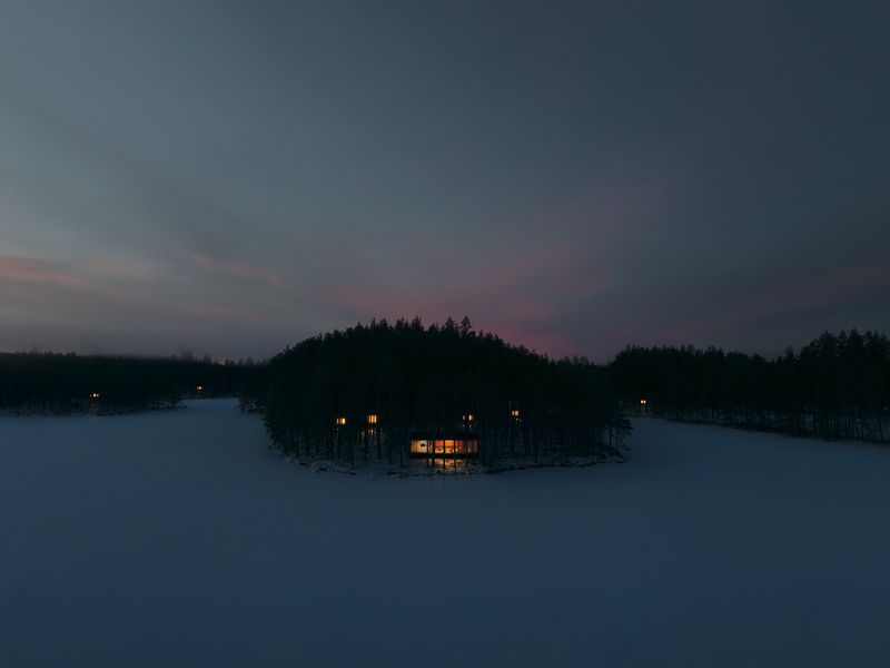 an aerial view of a foggy lake with the caption fagerhult